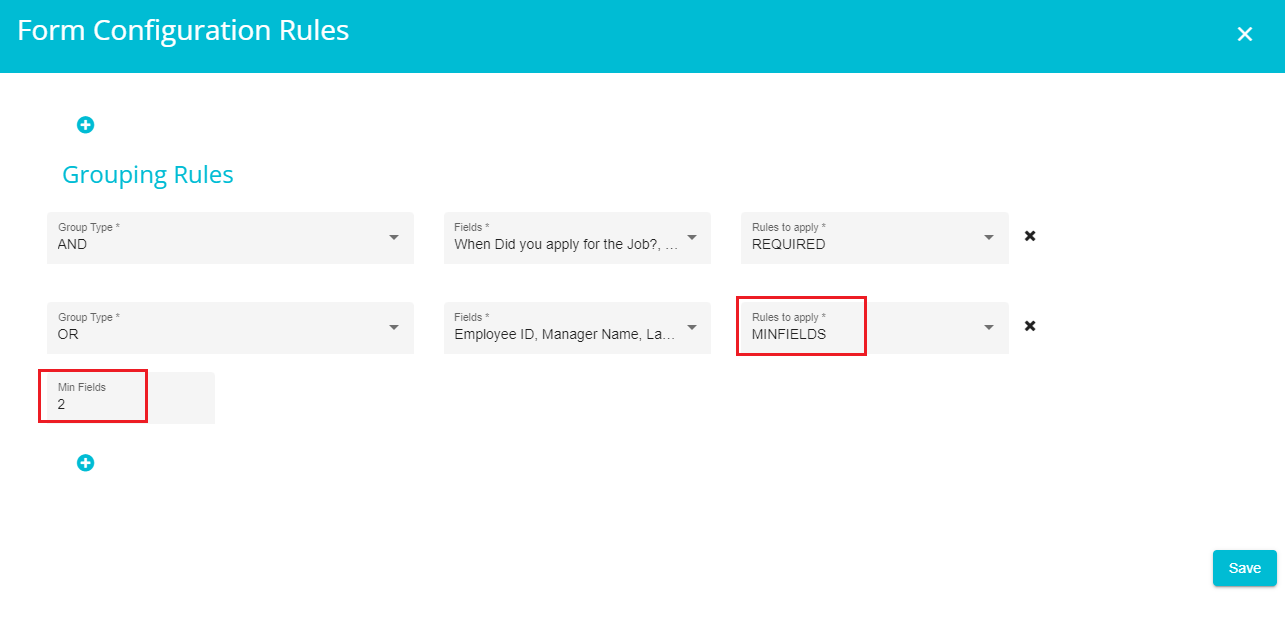 image showing MINFIELDS option selected under Rules to apply 