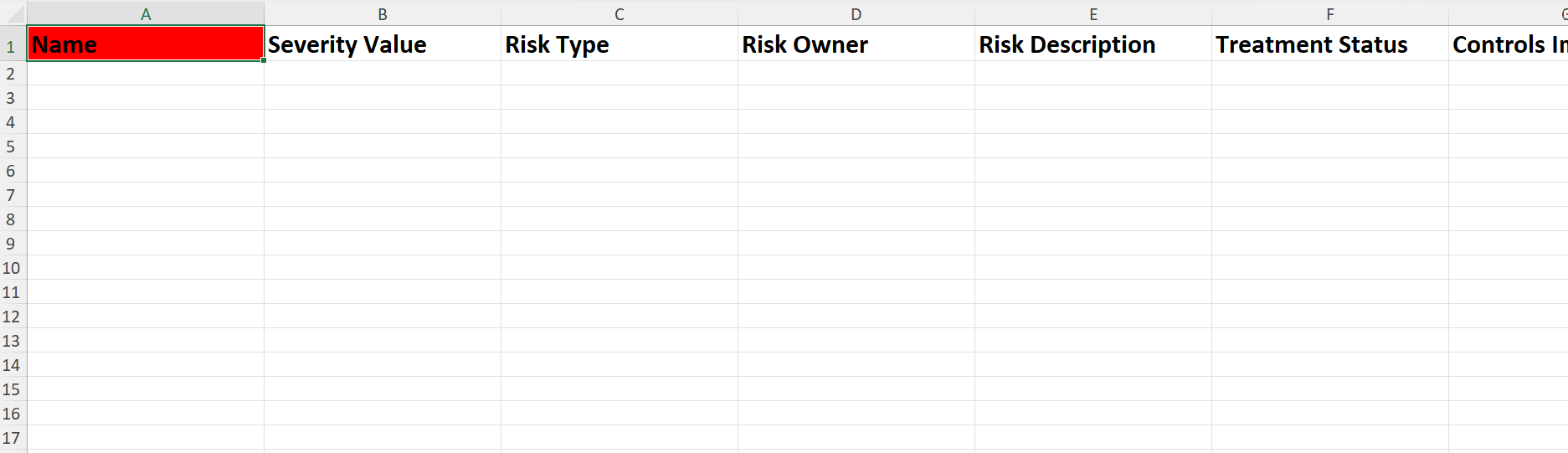 image of risk template opened on excel sheet